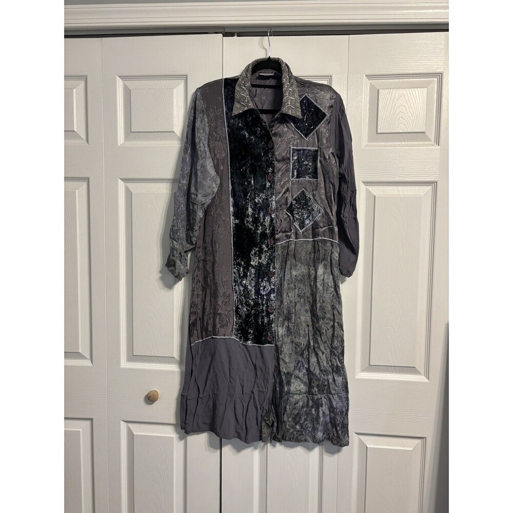 Vintage Antilia Artsy Patchwork mixed media midi Shirt Dress women’s large gray